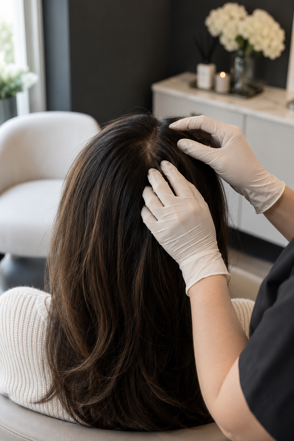 Professional hair and scalp consultation in a calm treatment setting